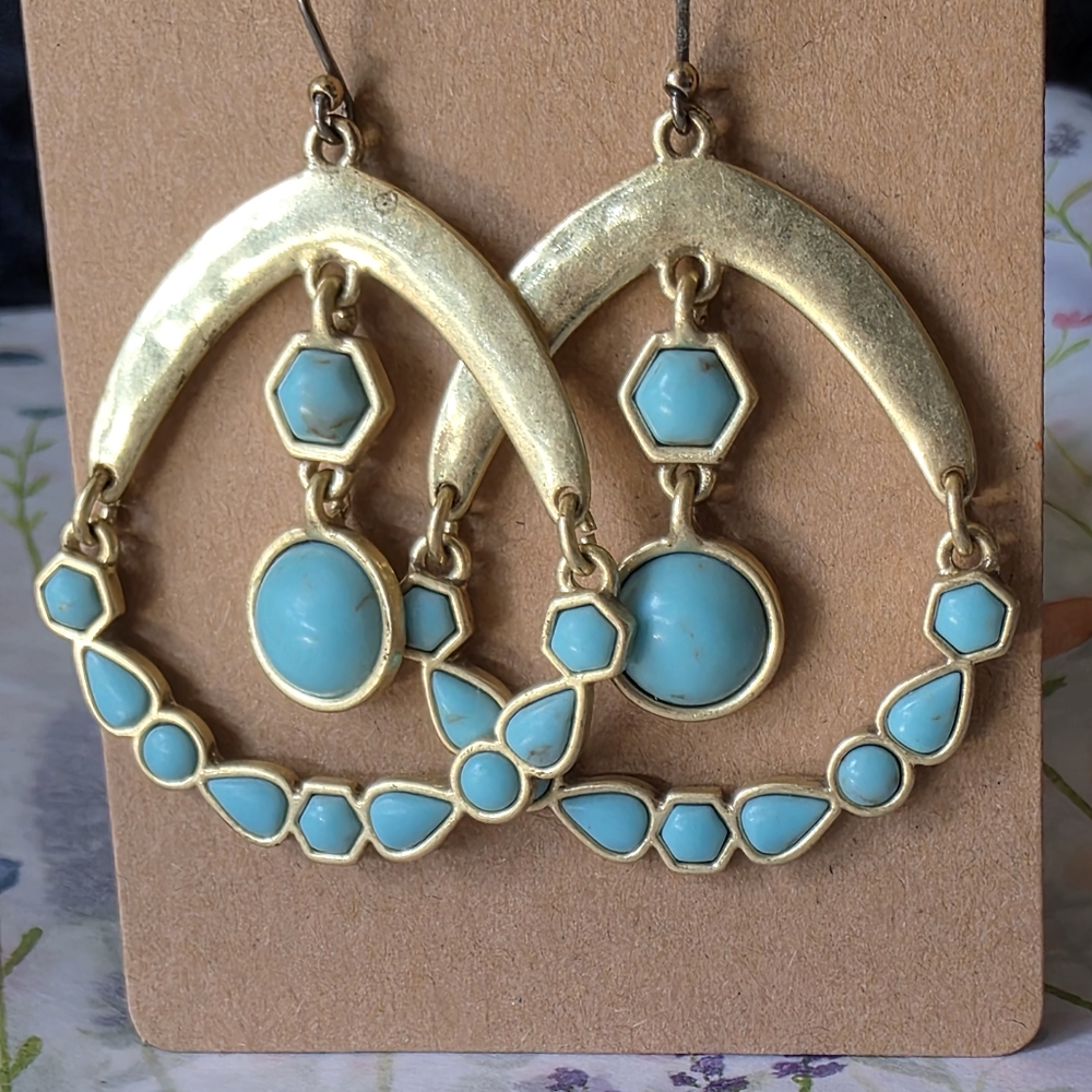 Bohemian Gold Color and Turquoise Crescent Earrings
